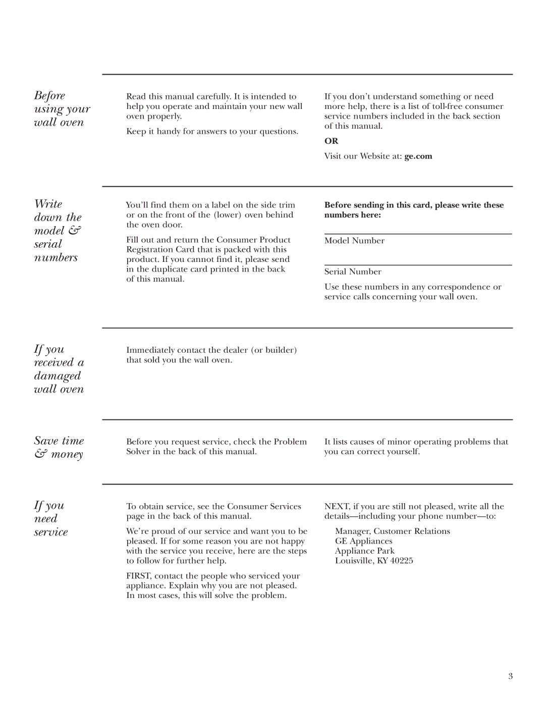 GE ZEK938, ZEK958 owner manual Before using your wall oven, Write down the model & serial numbers, If you need service 