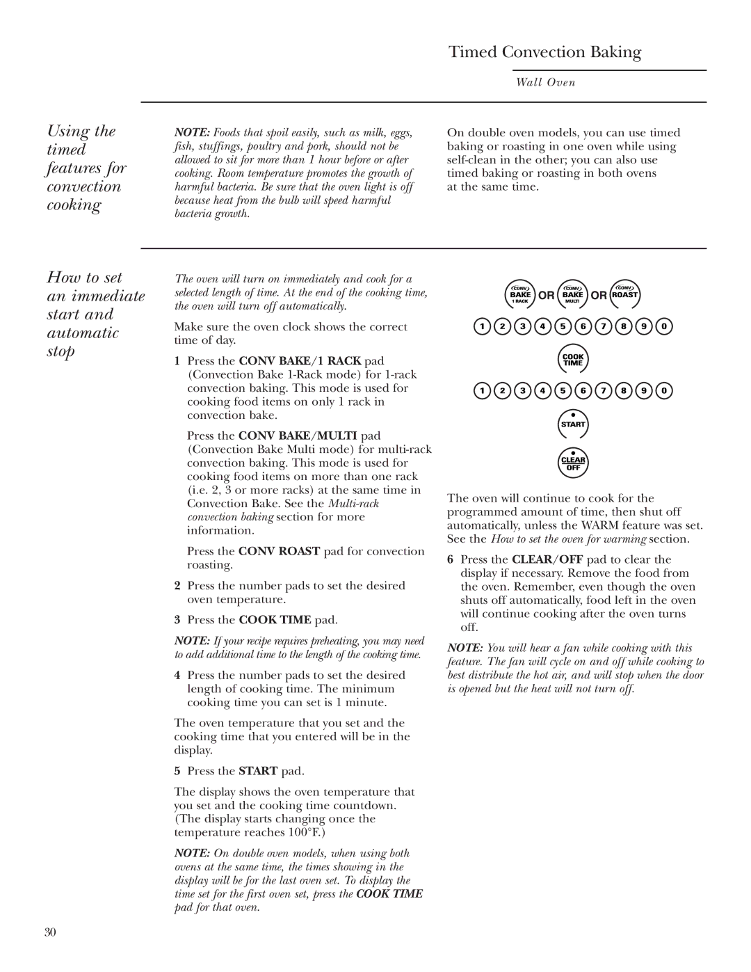 GE ZEK958, ZEK938 Using the timed features for convection cooking, How to set an immediate start and automatic stop 