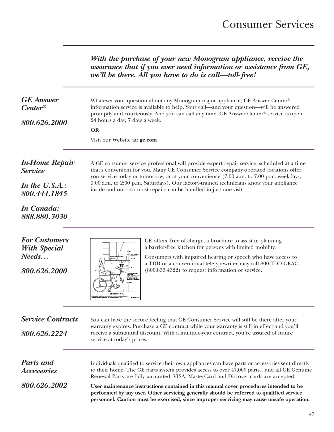 GE ZEK938, ZEK958 owner manual Consumer Services 