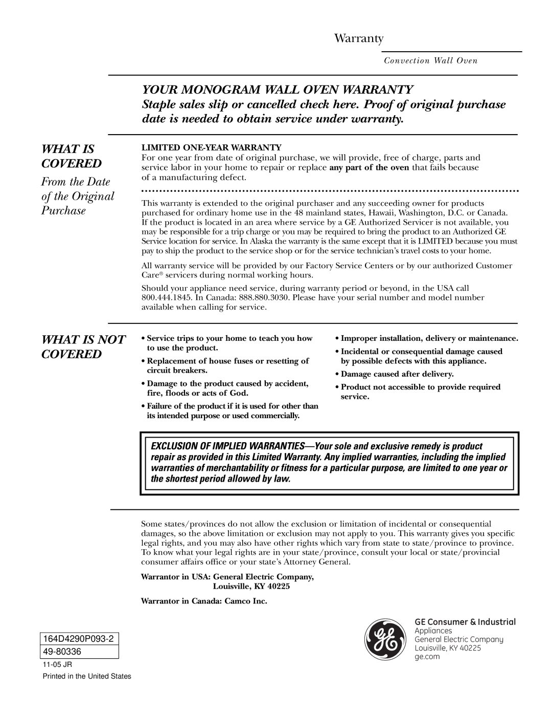 GE ZEK958, ZEK938 owner manual From the Date Original Purchase, Your Monogram Wall Oven Warranty 