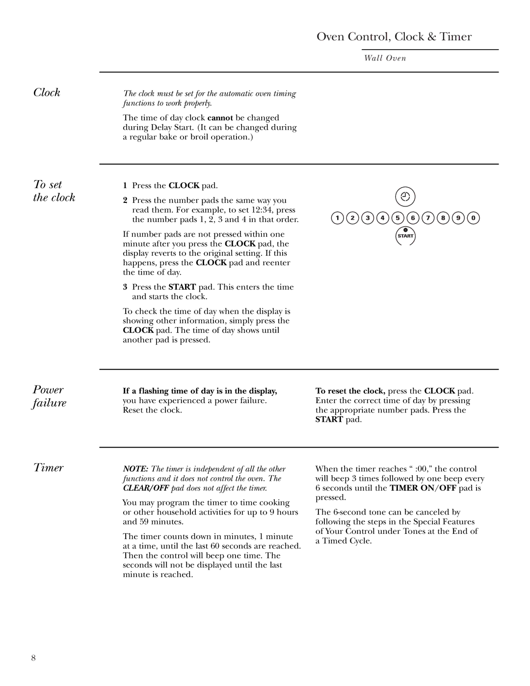 GE ZEK958, ZEK938 owner manual Clock To set the clock Power failure, Timer, Start pad 