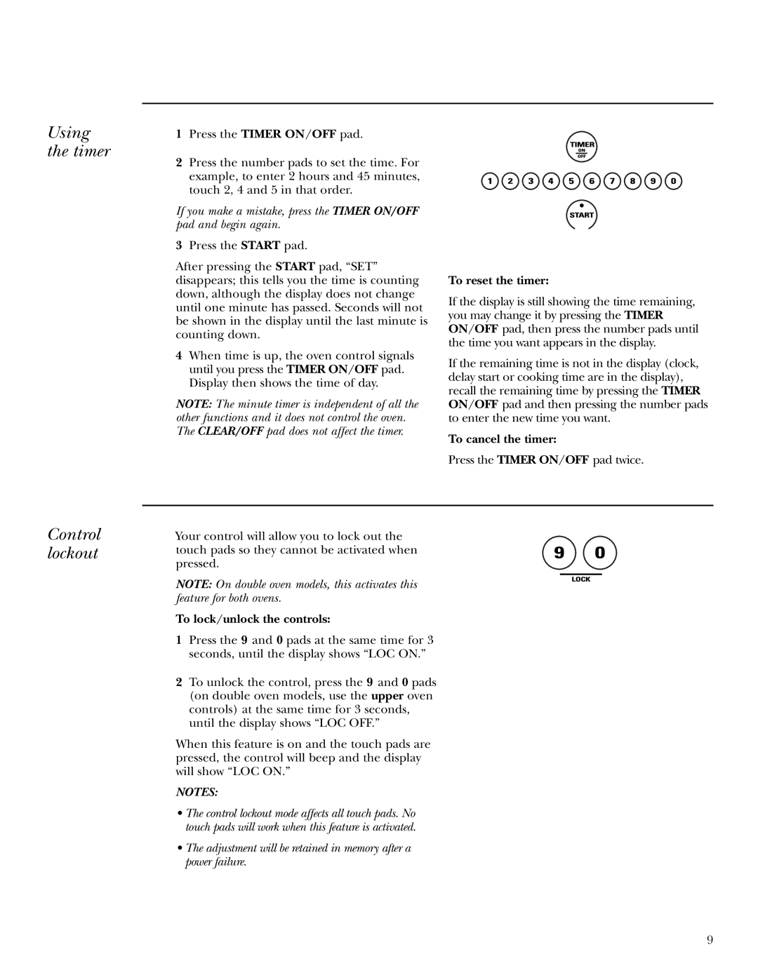 GE ZEK938, ZEK958 Using the timer, Control lockout, To reset the timer, To cancel the timer, To lock/unlock the controls 