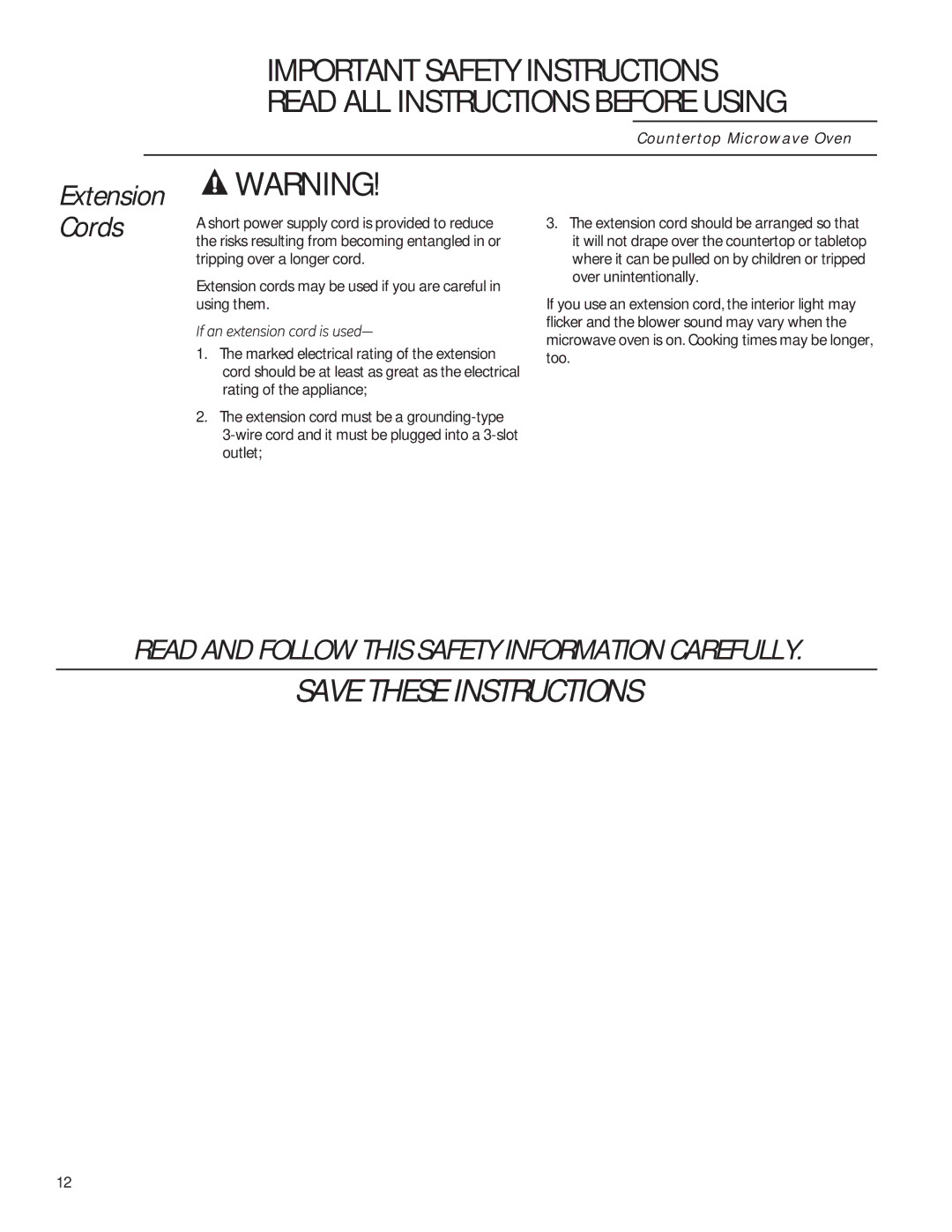 GE ZEM115 owner manual Read and Follow this Safety Information Carefully 