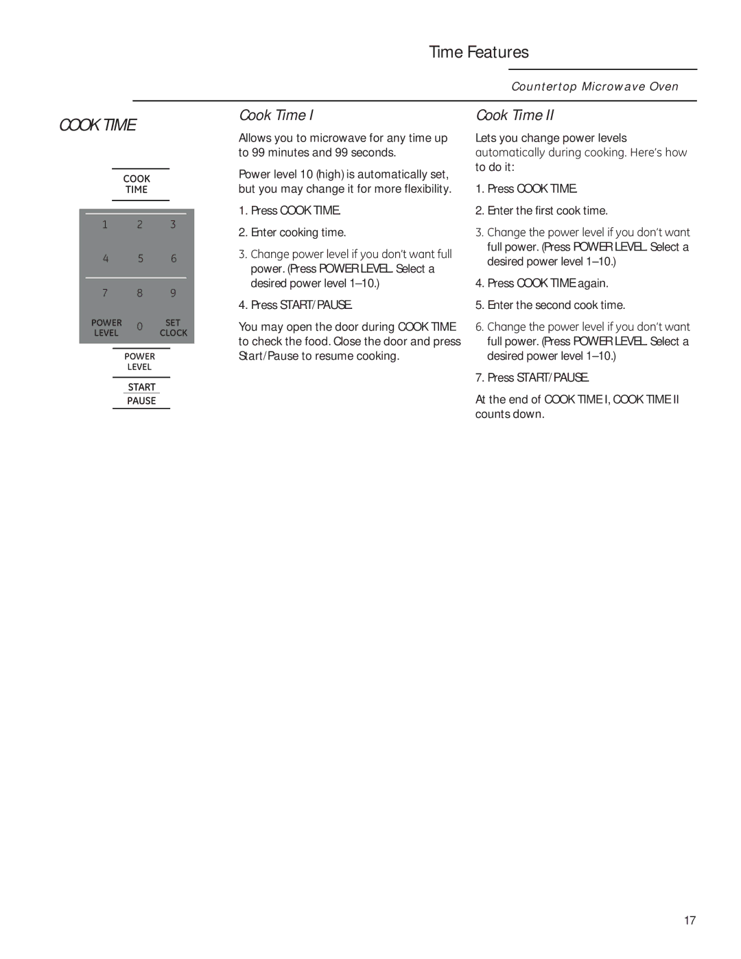 GE ZEM115 owner manual Time Features, Press Cook Time, Press START/PAUSE 