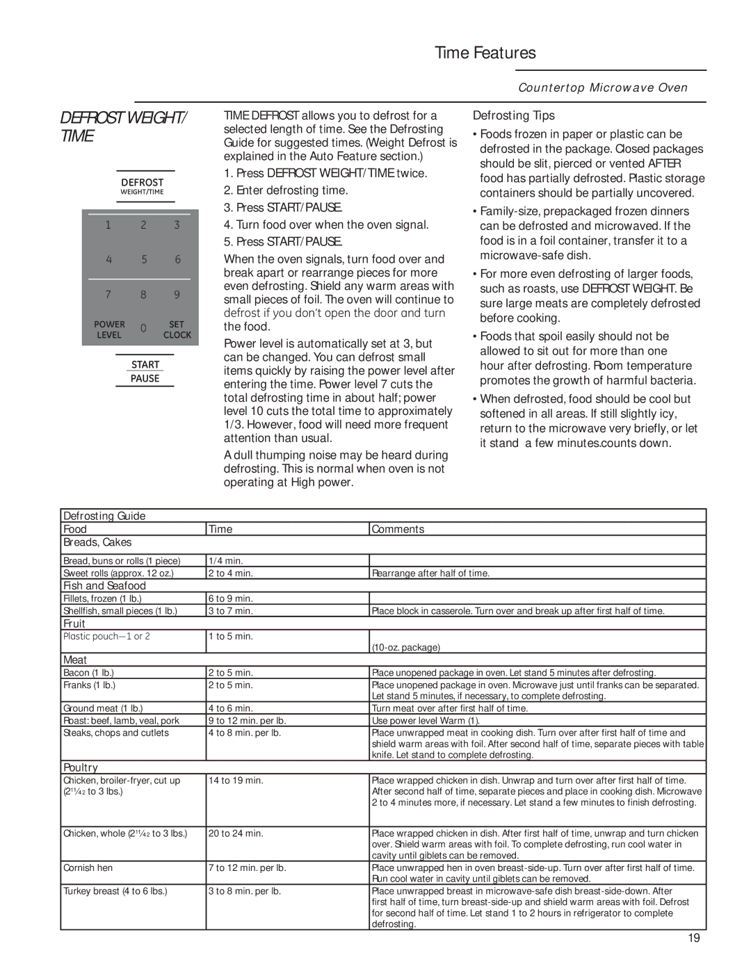 GE ZEM115 owner manual Time, Defrosting Tips, Press Defrost WEIGHT/TIME twice 