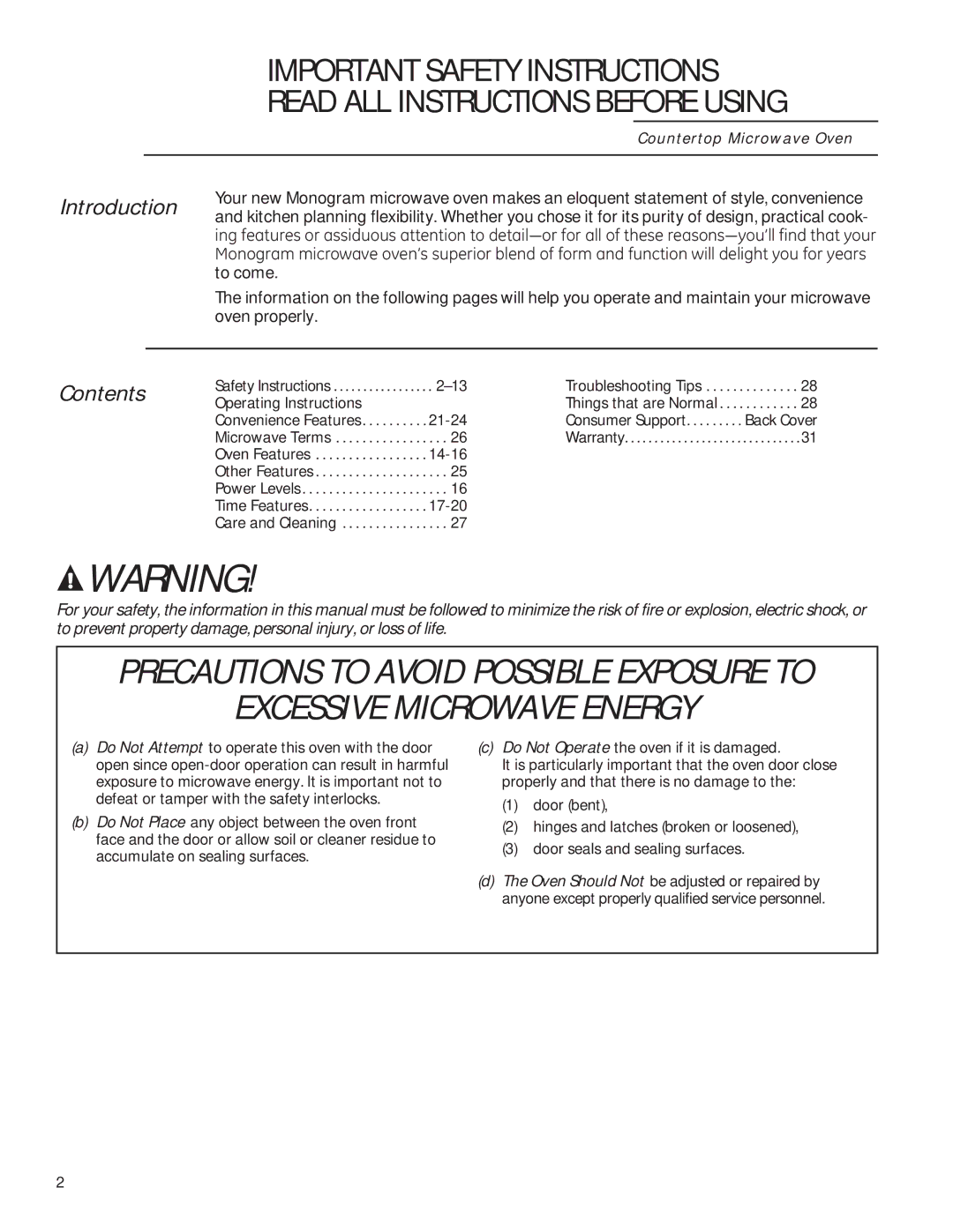 GE ZEM115 owner manual Introduction, Contents 