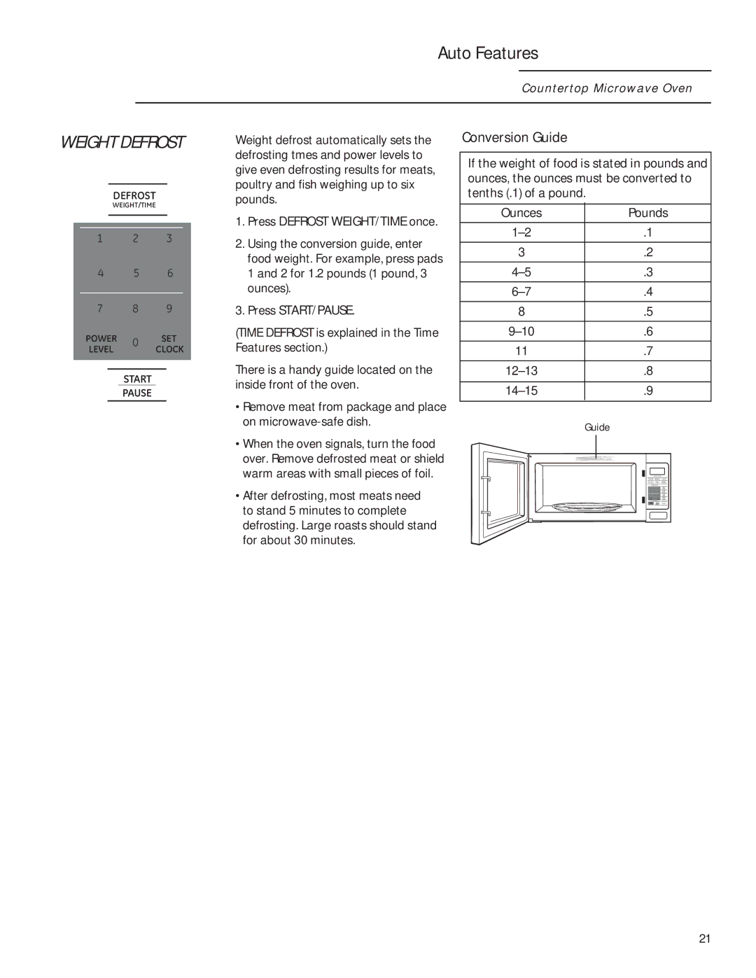 GE ZEM115 owner manual Auto Features, Weight Defrost 