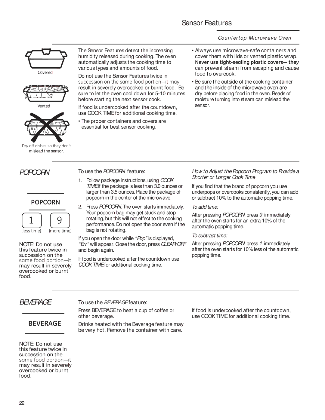 GE ZEM115 owner manual Sensor Features, To use the Popcorn feature, To use the Beverage feature 