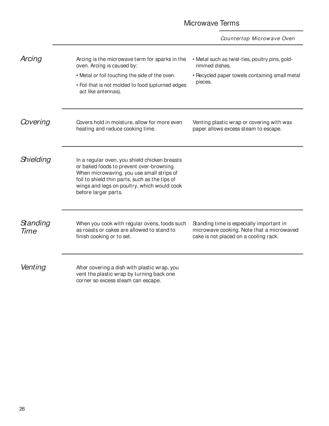 GE ZEM115 owner manual Arcing Covering, Venting, Microwave Terms, Oven. Arcing is caused by 