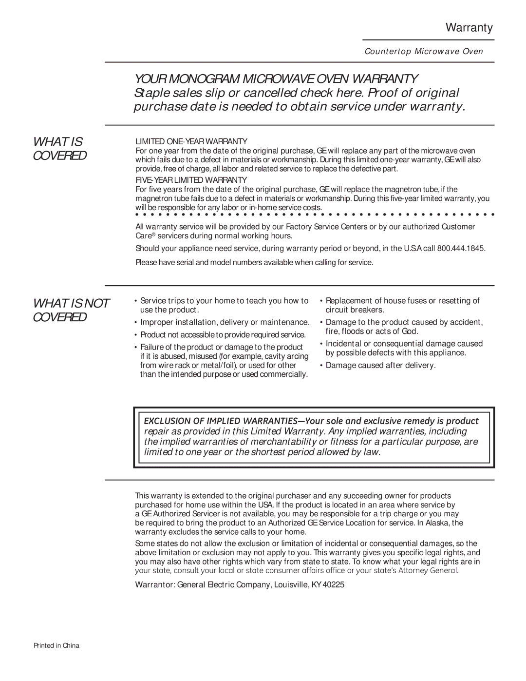 GE ZEM115 owner manual Warranty, Damage caused after delivery, Warrantor General Electric Company, Louisville, KY 