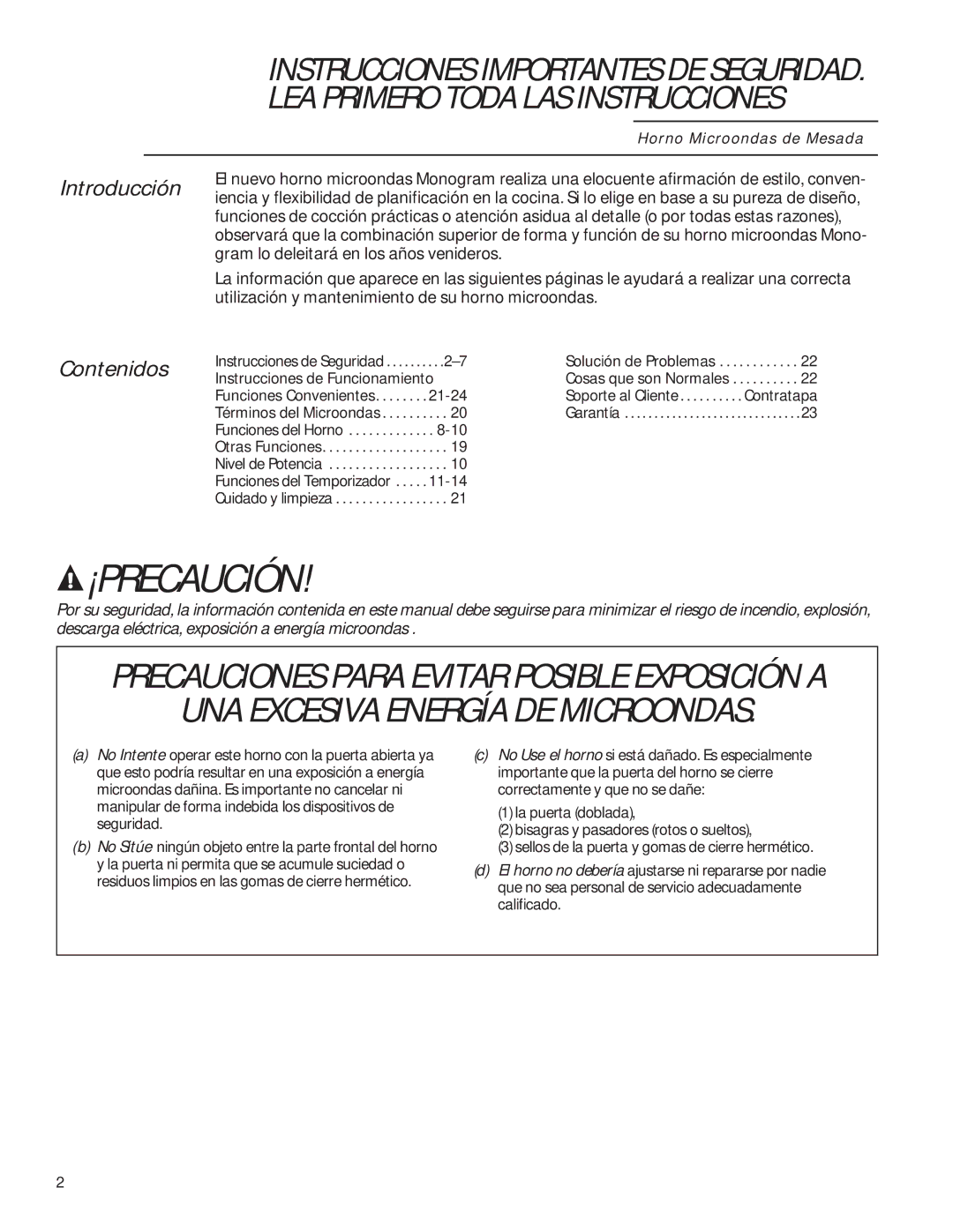 GE ZEM115 owner manual Introducción, Contenidos 