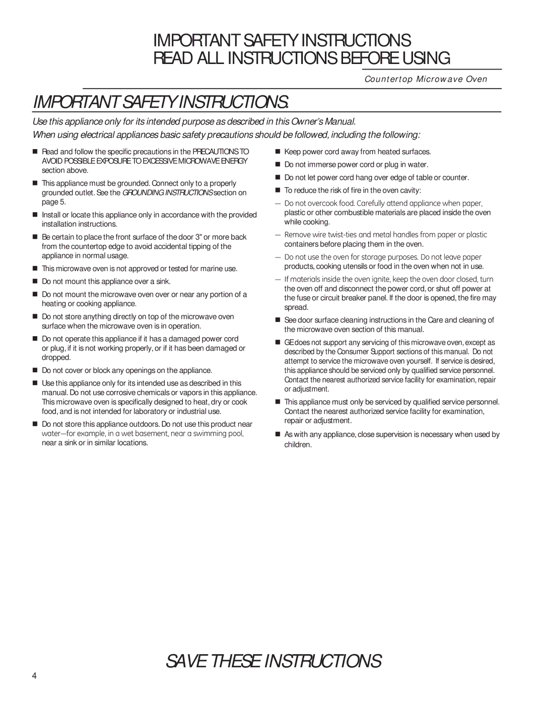 GE ZEM115 owner manual Important Safety Instructions 