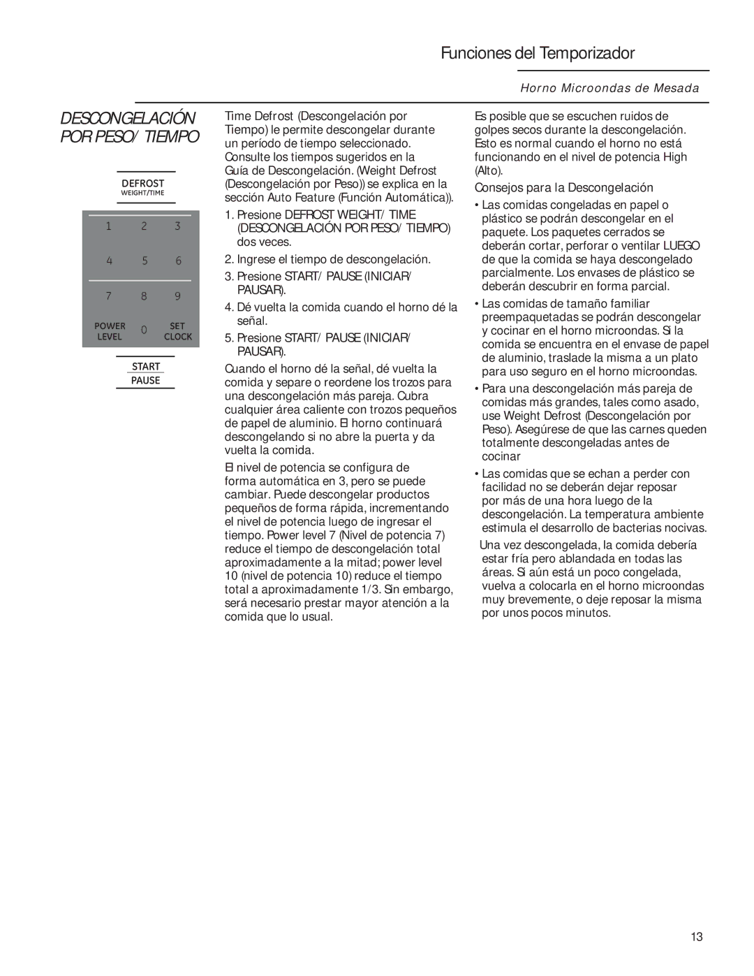 GE ZEM115 owner manual Funciones del Temporizador, Time Defrost Descongelación por, Consejos para la Descongelación 