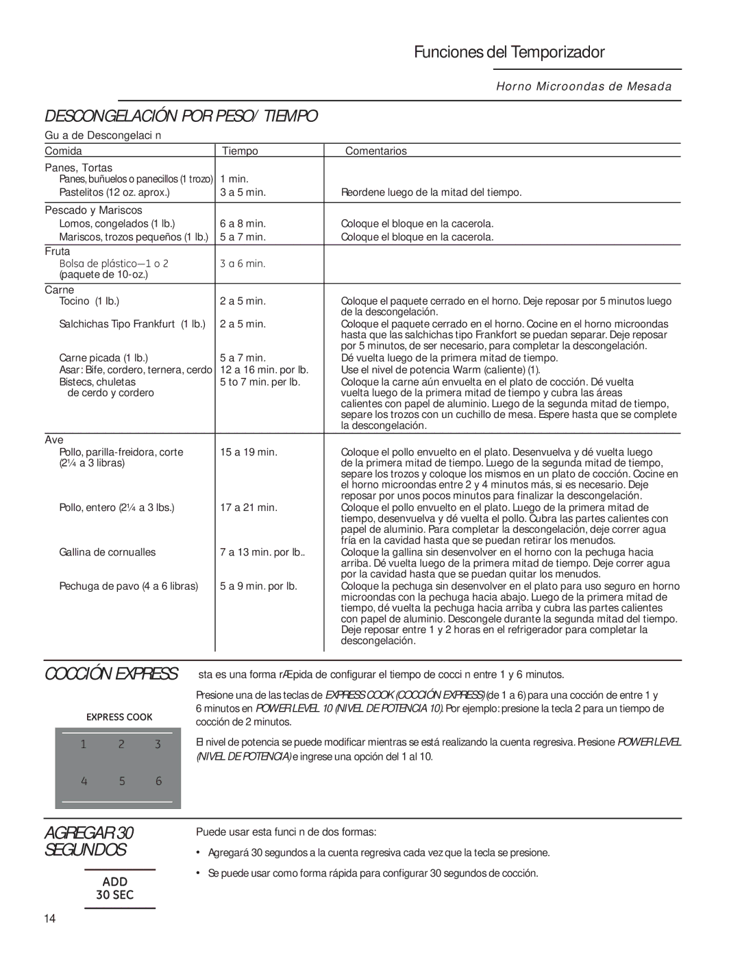 GE ZEM115 owner manual Descongelación POR PESO/ Tiempo, Pescado y Mariscos 