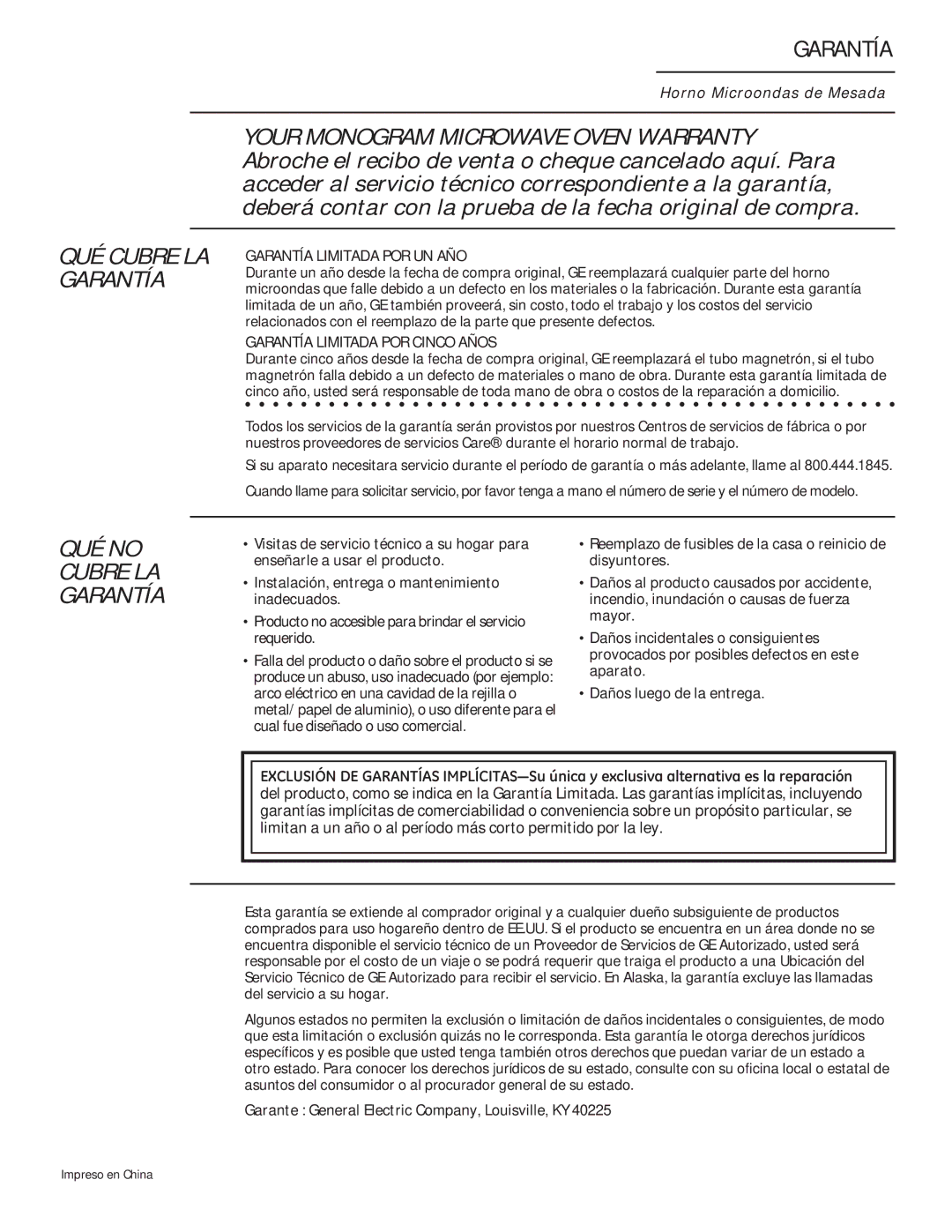 GE ZEM115 owner manual Garantía, Garante General Electric Company, Louisville, KY 