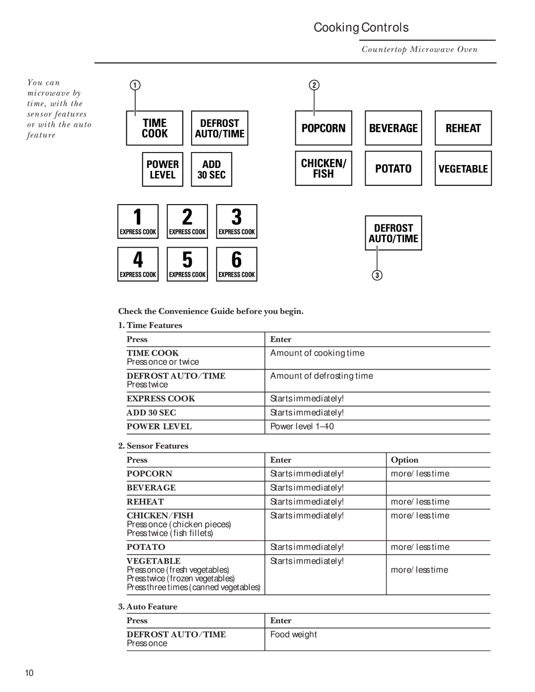 GE ZEM200 manual Cooking Controls, Time, Popcorn Chicken Fish Beverage Potato Reheat 