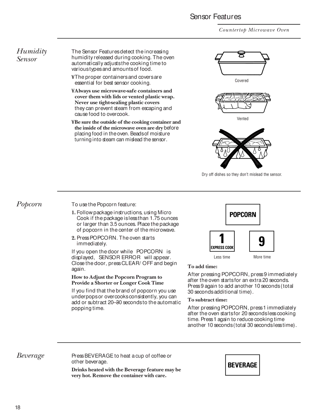 GE ZEM200 manual Humidity Sensor, Sensor Features, Popcorn, Beverage 