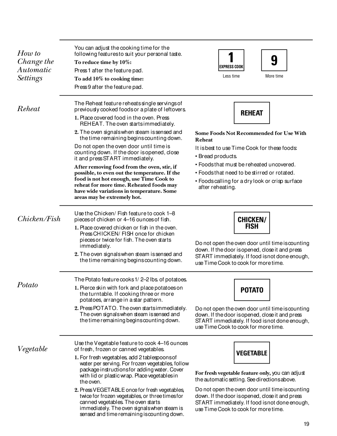 GE ZEM200 manual How to Change the Automatic Settings Reheat, Chicken/Fish, Potato, Vegetable, Chicken Fish 