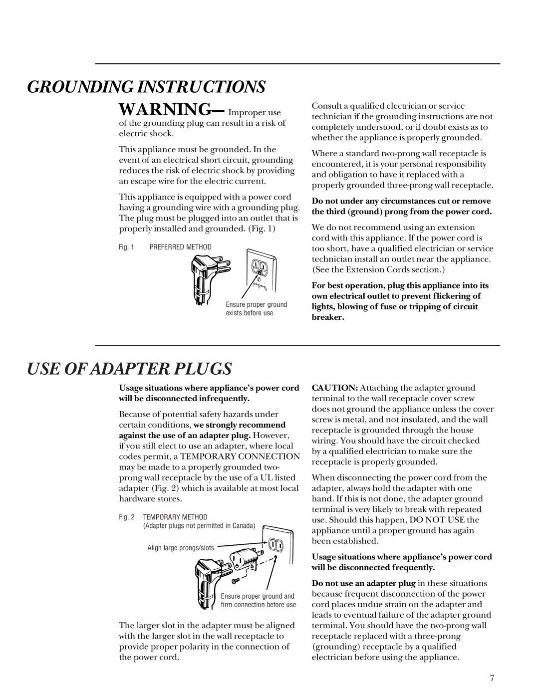 GE ZEM200 manual Grounding Instructions, USE of Adapter Plugs 