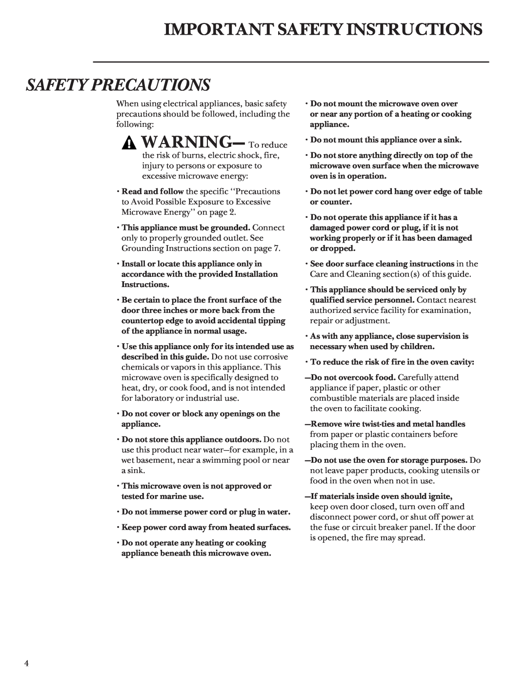 GE ZEM200 manual Important Safety Instructions, Safety Precautions, WARNING- To reduce 