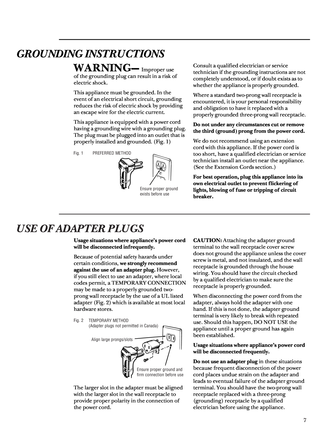 GE ZEM200 manual Grounding Instructions, Use Of Adapter Plugs, Preferred Method, Align large prongs/slots 