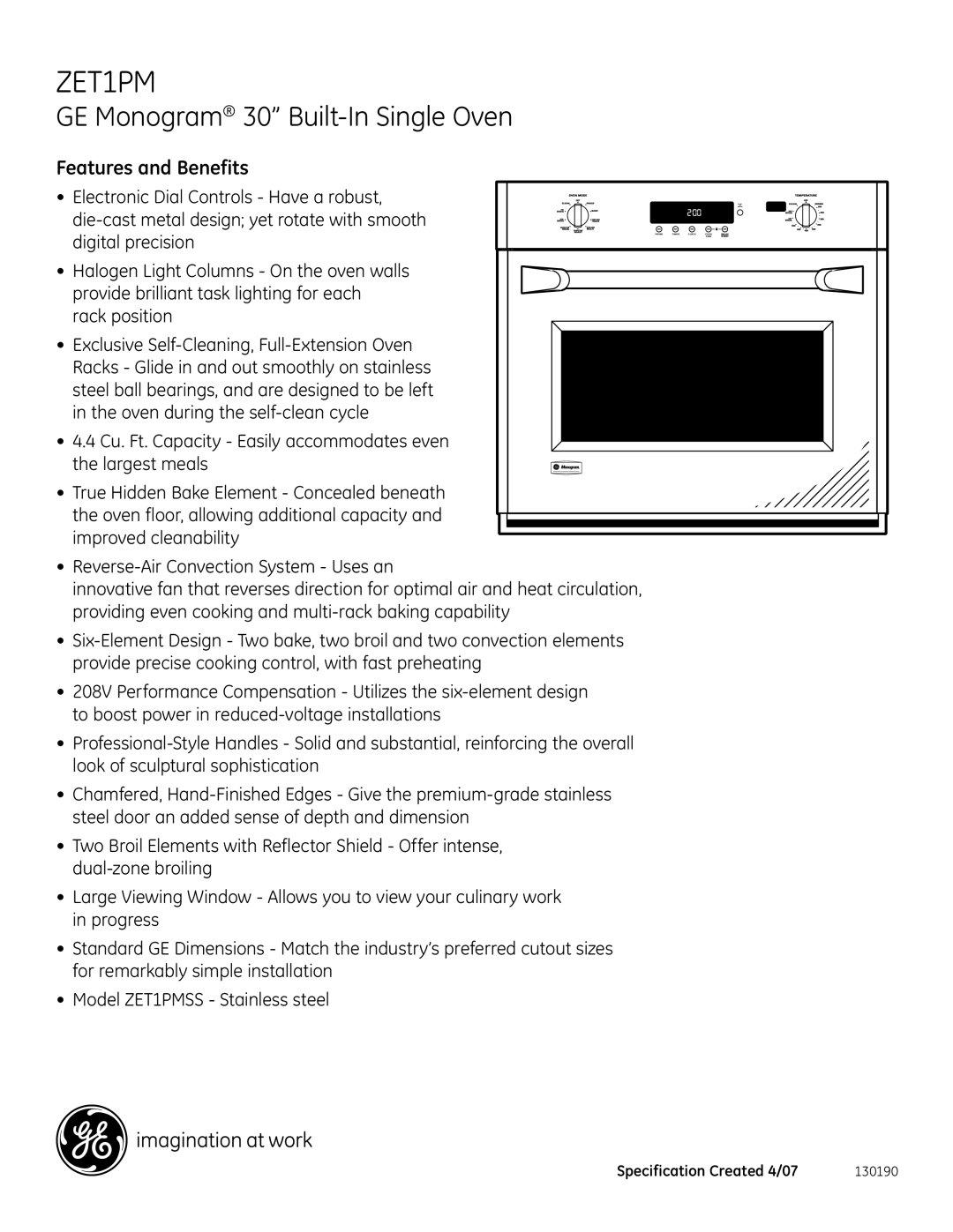 GE ZET1PMSS installation instructions Features and Benefits 