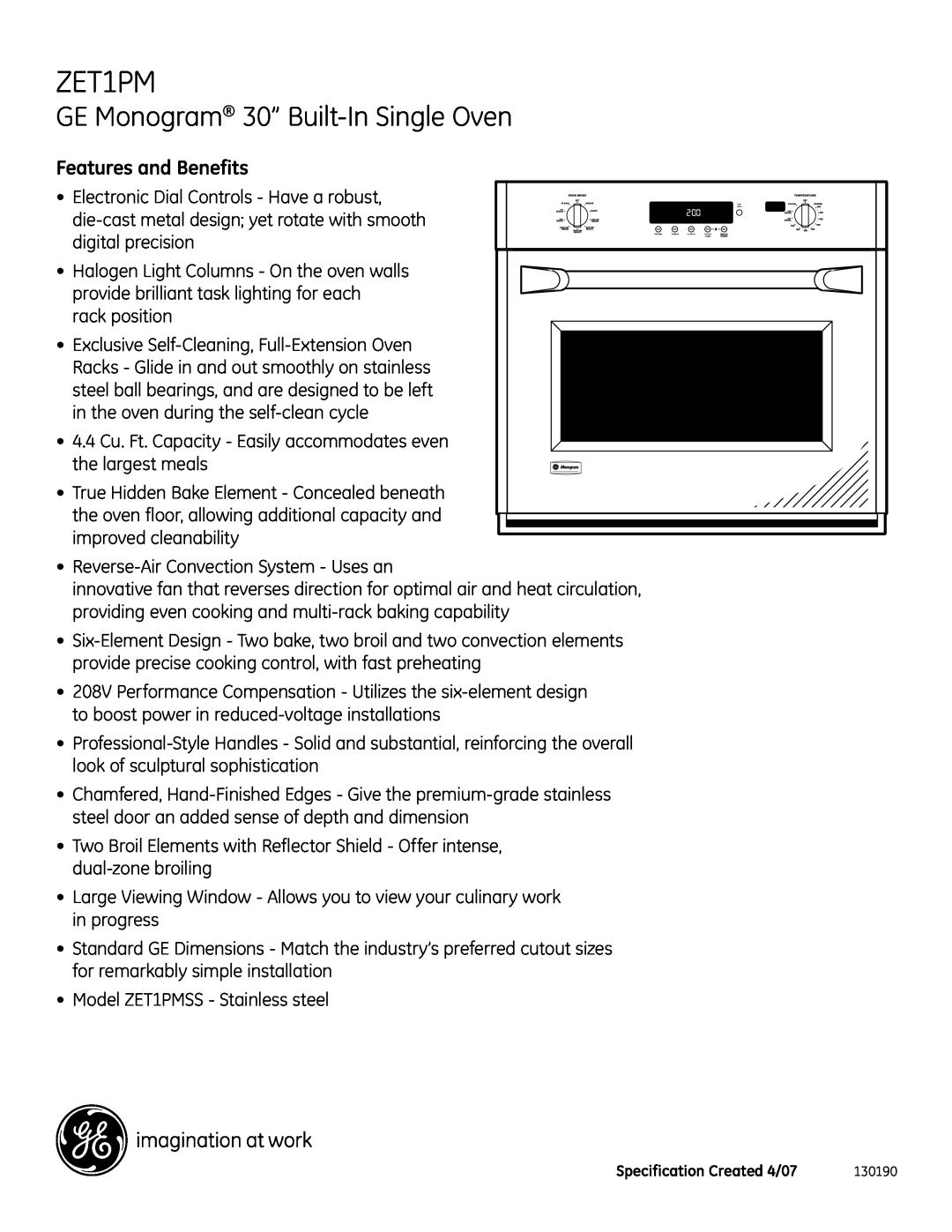 GE ZET1PMSS installation instructions GE Monogram 30” Built-In Single Oven, Features and Benefits 