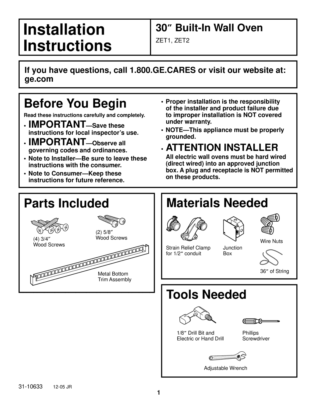 GE ZET1, ZET2 installation instructions Installation 