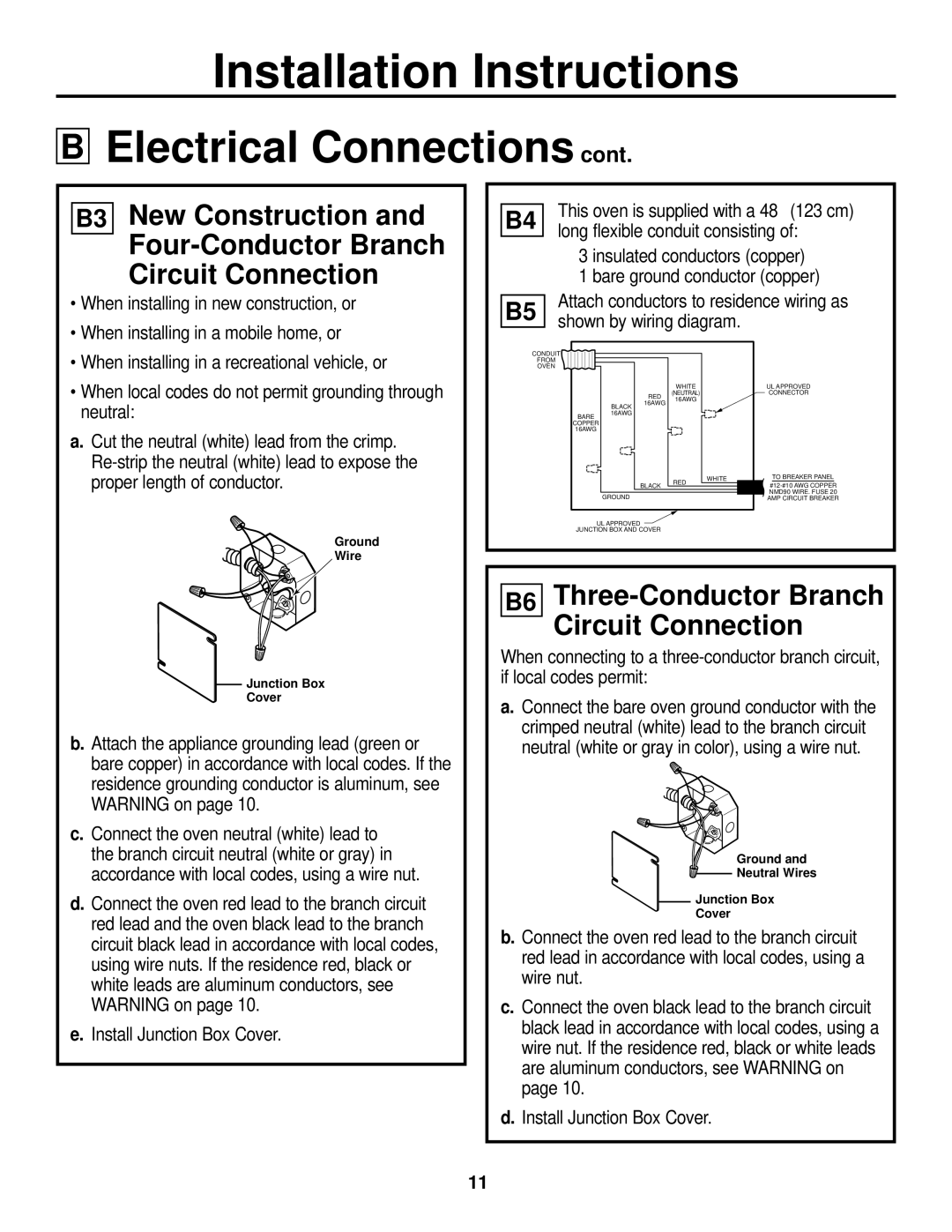 GE ZET1, ZET2 B3 New Construction Four-Conductor Branch Circuit Connection, B6 Three-Conductor Branch Circuit Connection 