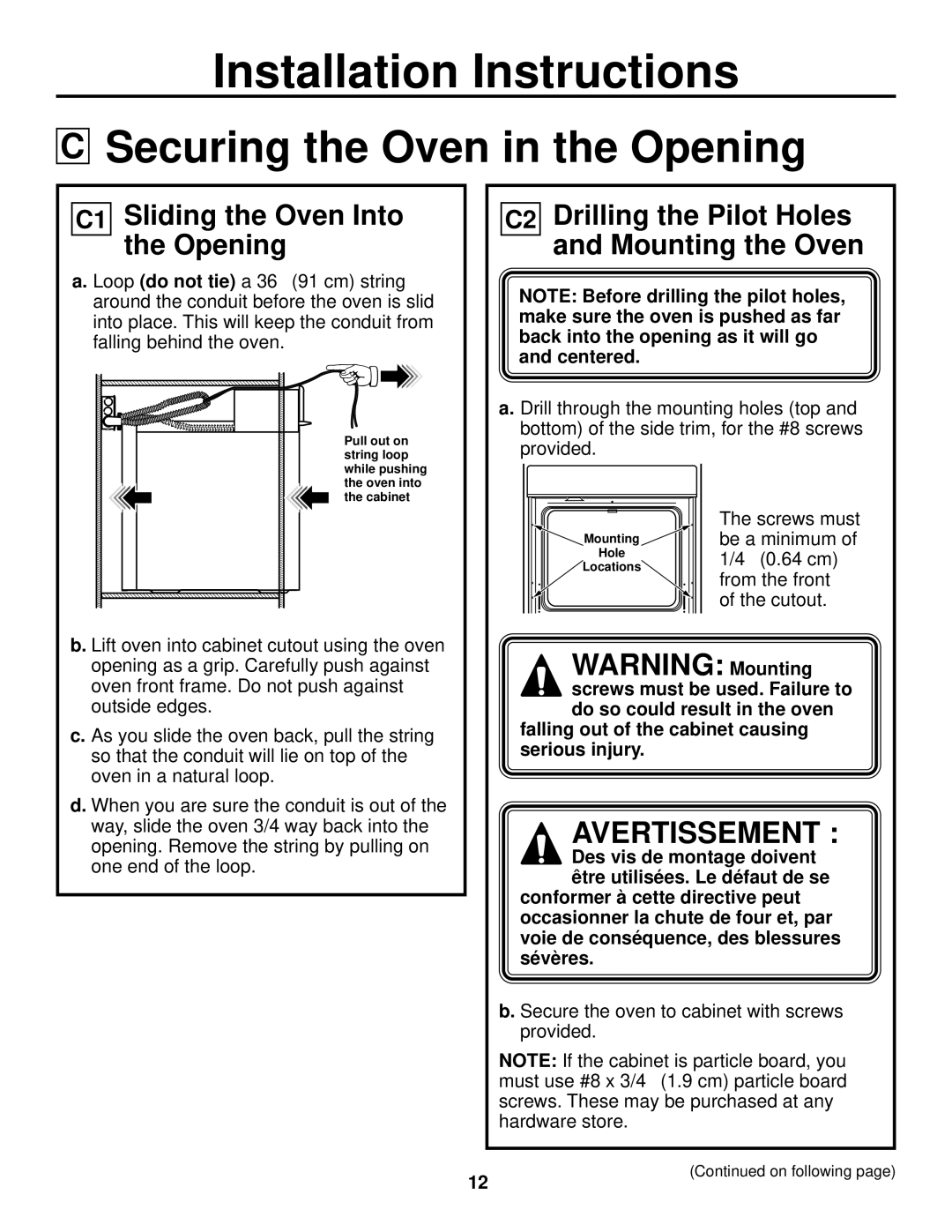 GE ZET2, ZET1 installation instructions Securing the Oven in the Opening, C1 Sliding the Oven Into the Opening 