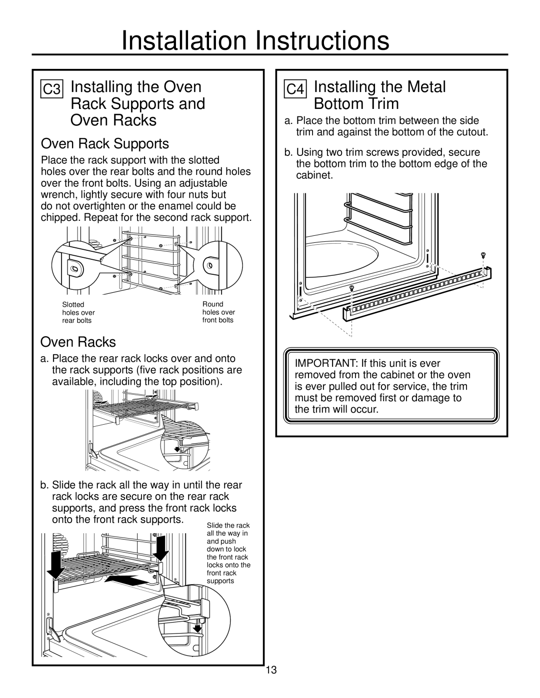 GE ZET1, ZET2 installation instructions C3 Installing the Oven Rack Supports Oven Racks, C4 Installing the Metal Bottom Trim 