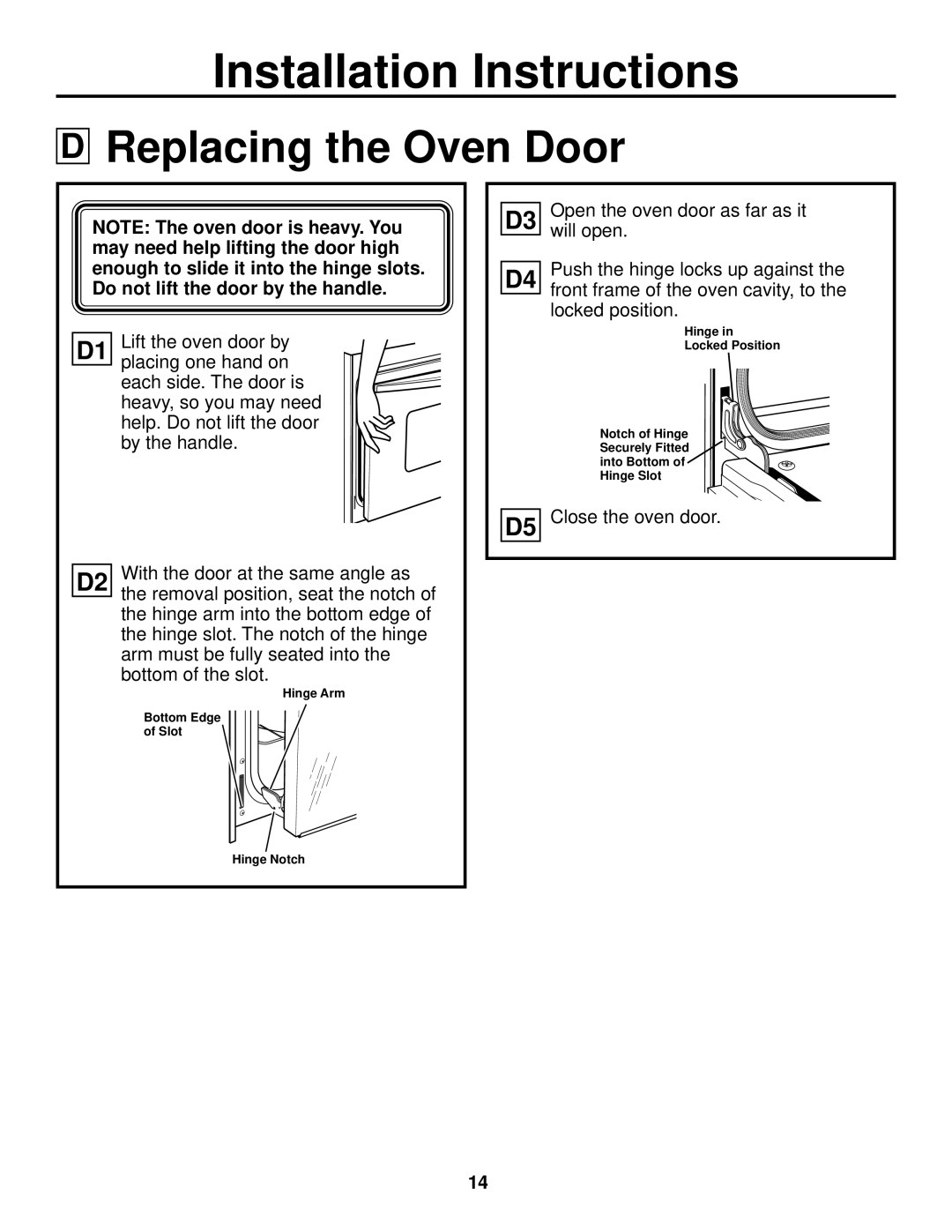 GE ZET2, ZET1 installation instructions Replacing the Oven Door 