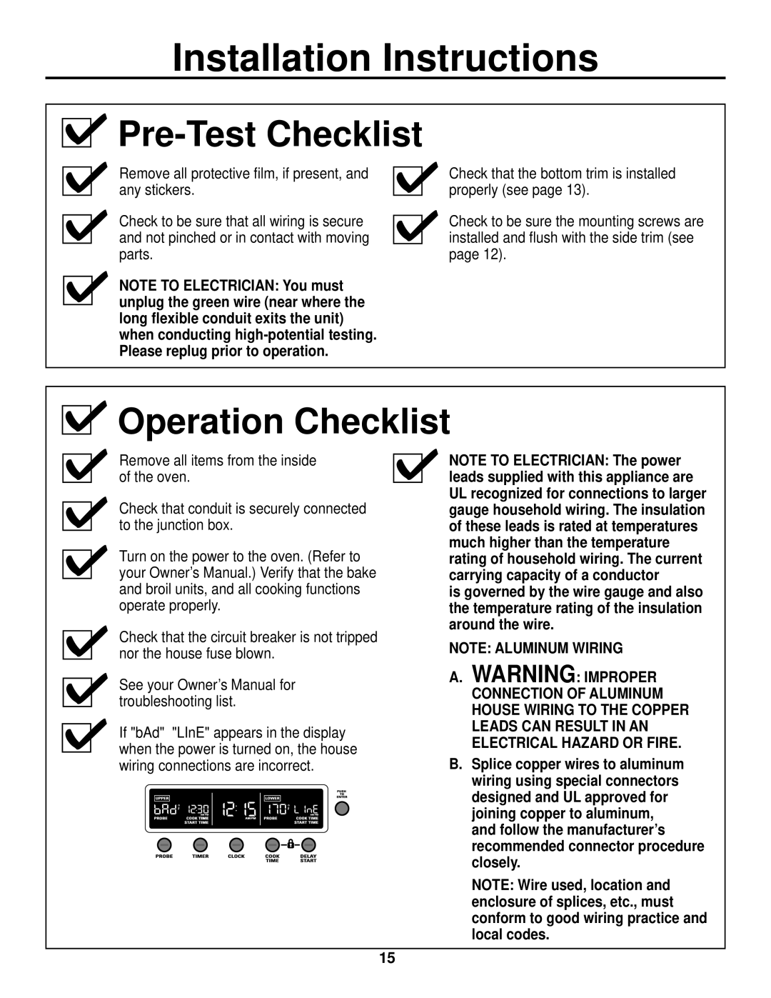 GE ZET1, ZET2 installation instructions Pre-Test Checklist, Operation Checklist 