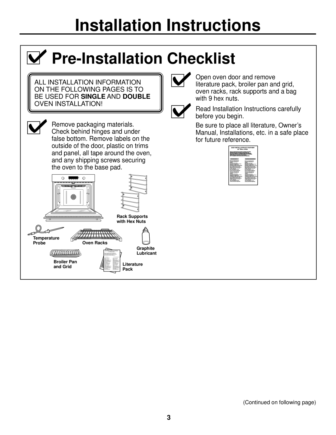 GE ZET1, ZET2 installation instructions Pre-Installation Checklist 