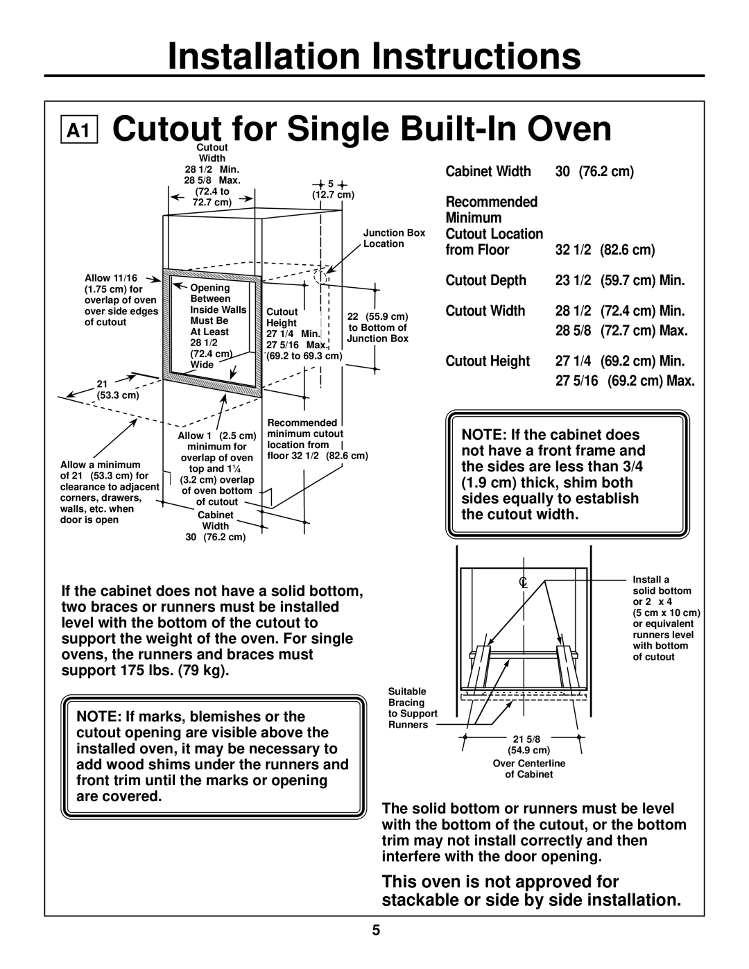 GE ZET1, ZET2 installation instructions A1 Cutout for Single Built-In Oven, Cutout Width 