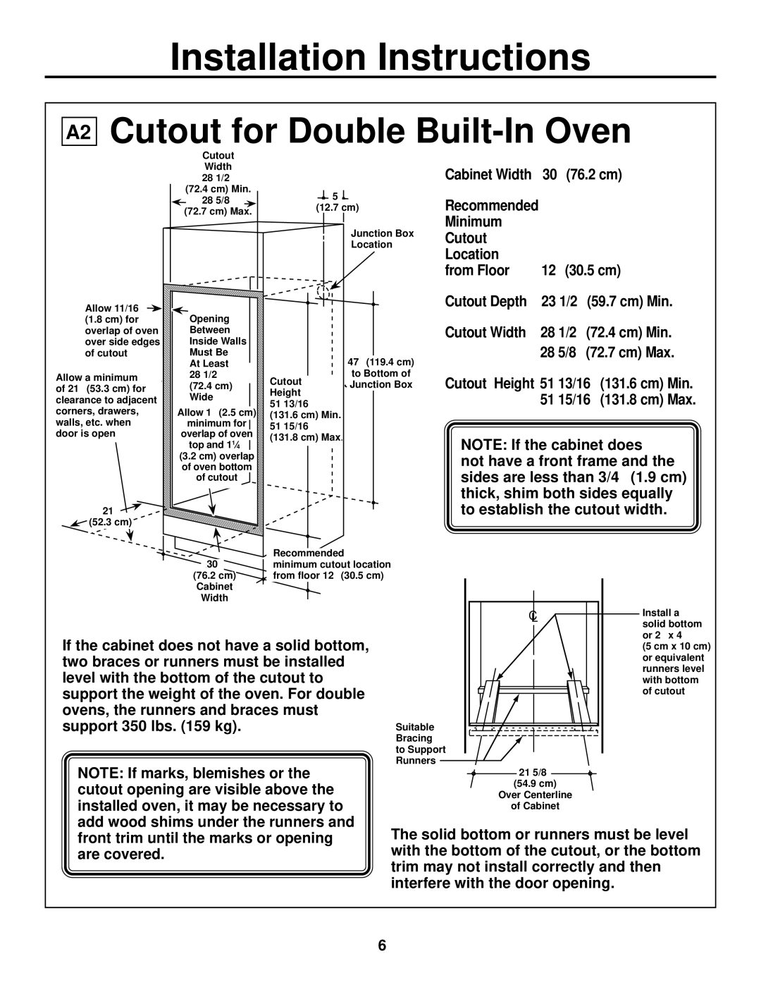 GE ZET2, ZET1 installation instructions Cutout for Double Built-In Oven, Location From Floor 