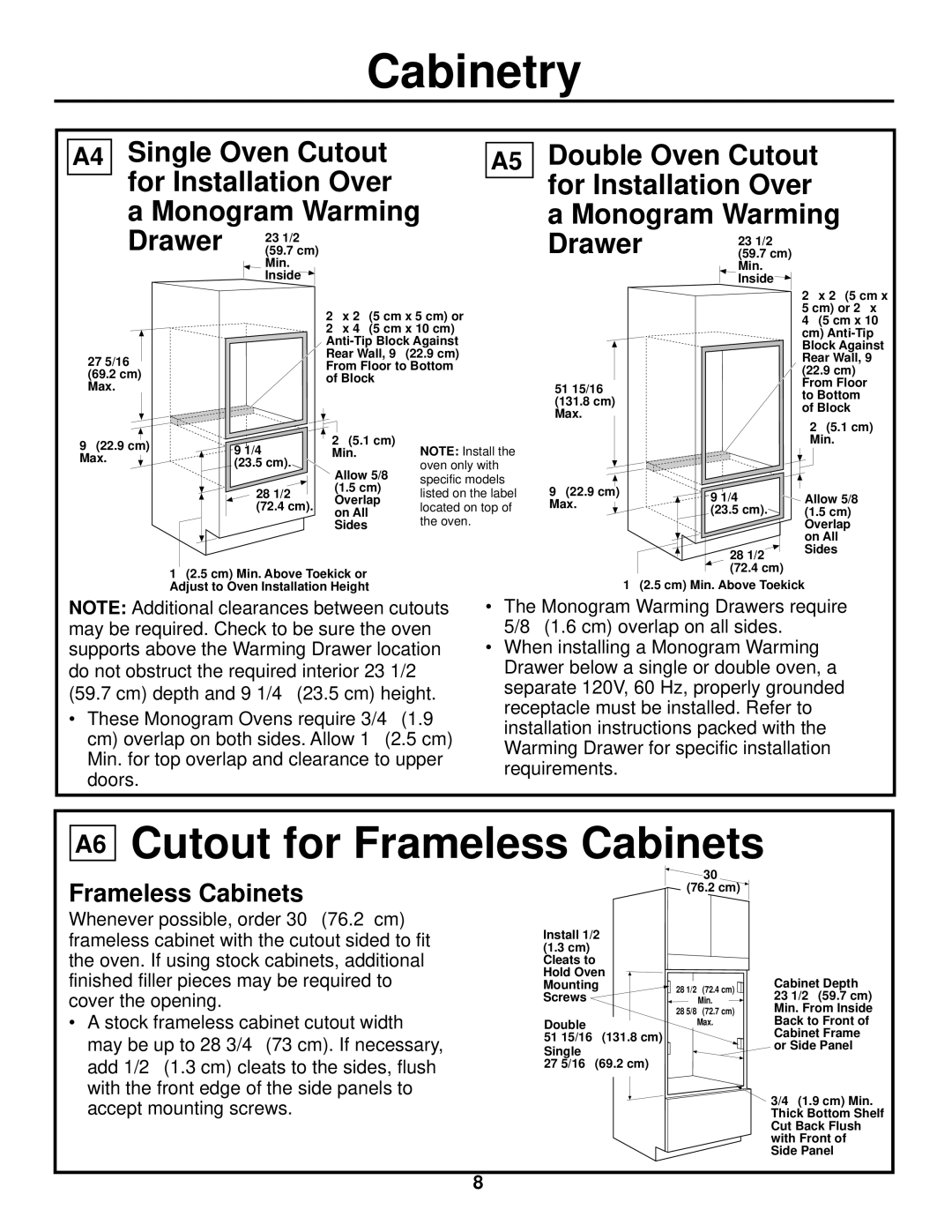 GE ZET2, ZET1 installation instructions Cabinetry, A6 Cutout for Frameless Cabinets 