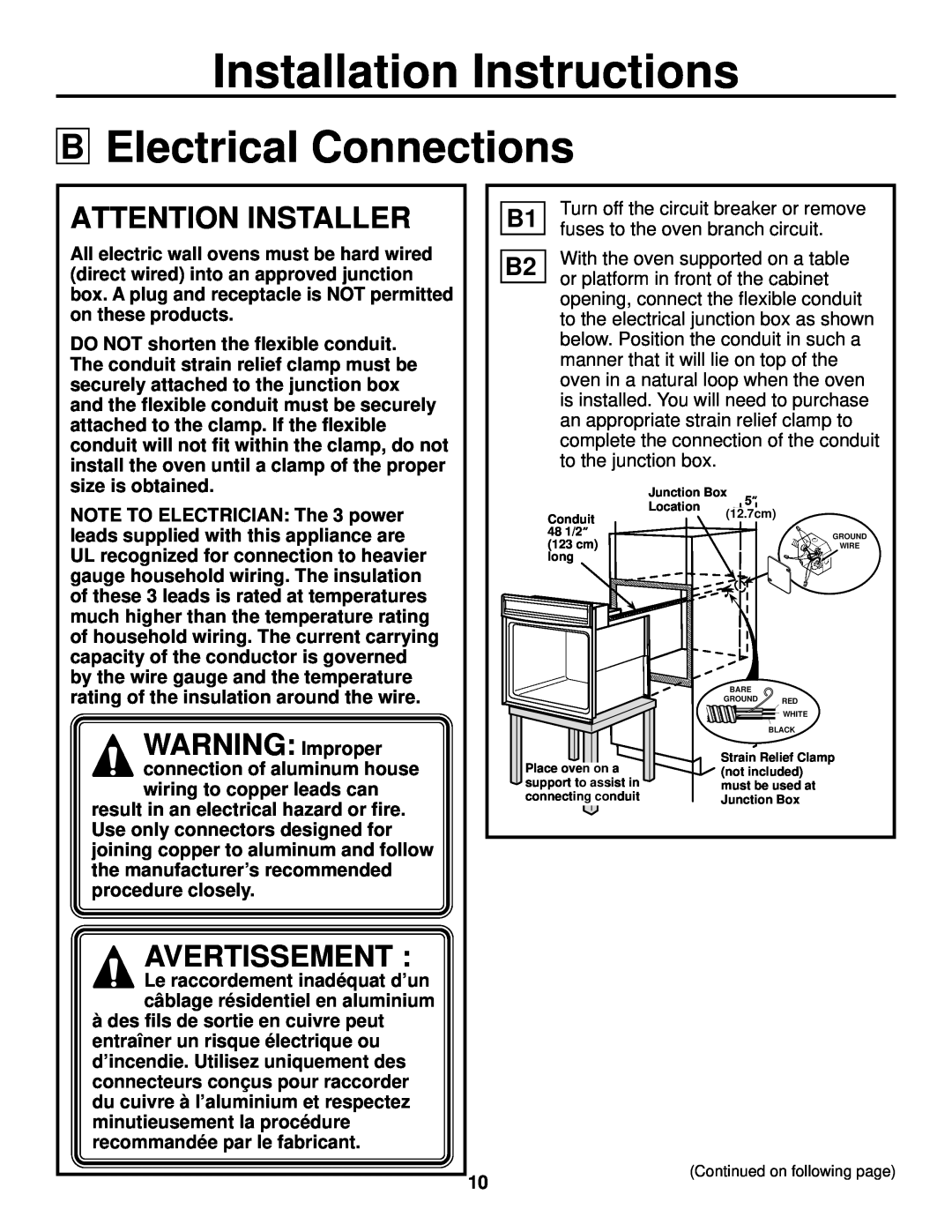 GE ZET2, ZET1 Electrical Connections, WARNING Improper, Installation Instructions, Attention Installer, Avertissement 