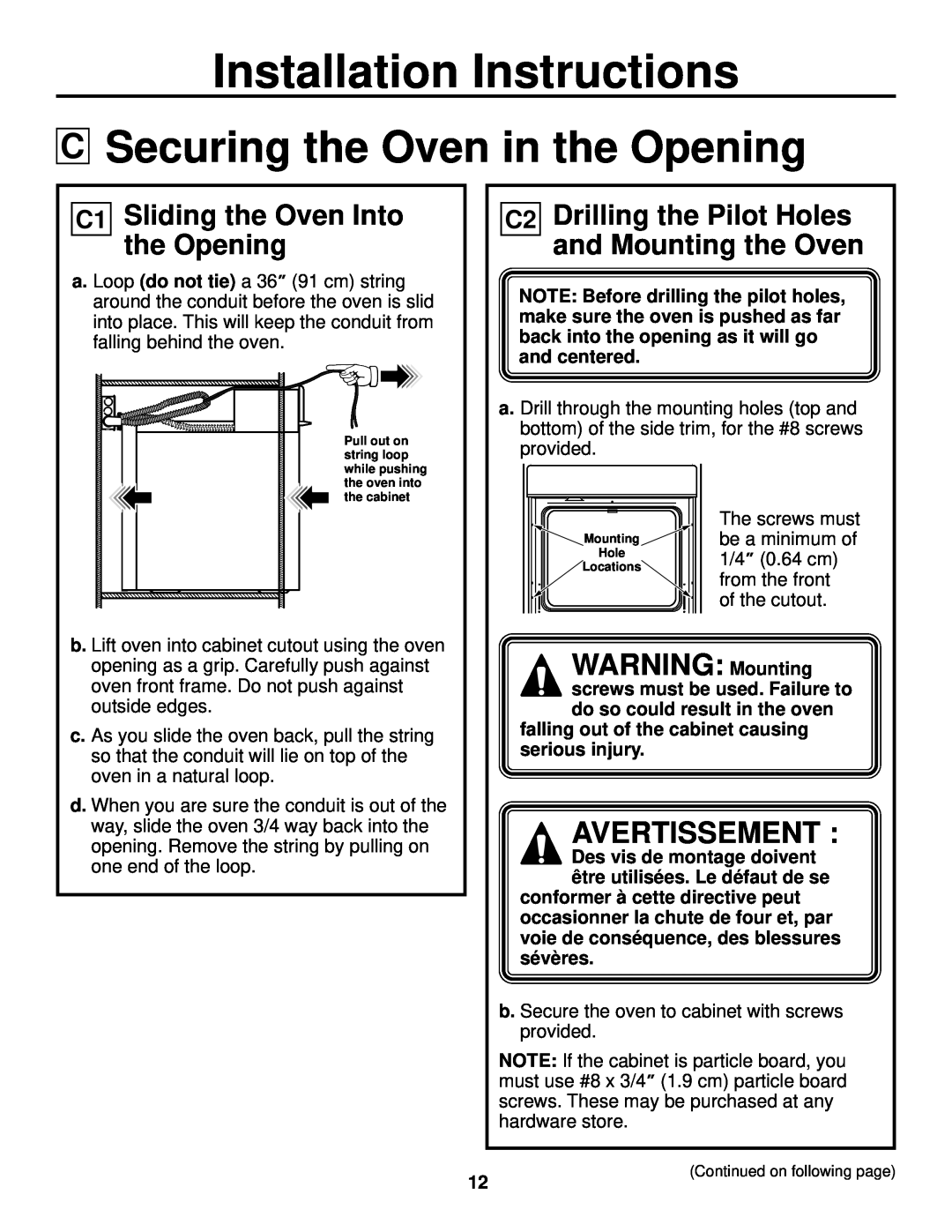 GE ZET2, ZET1 Securing the Oven in the Opening, WARNING Mounting, C1 Sliding the Oven Into the Opening, Avertissement 