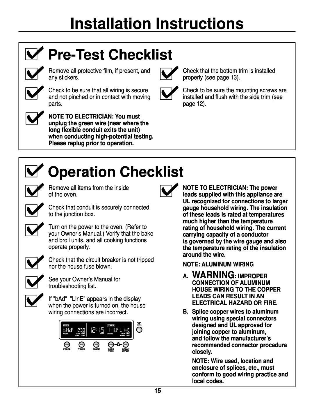 GE ZET1, ZET2 installation instructions Pre-Test Checklist, Operation Checklist, Installation Instructions 
