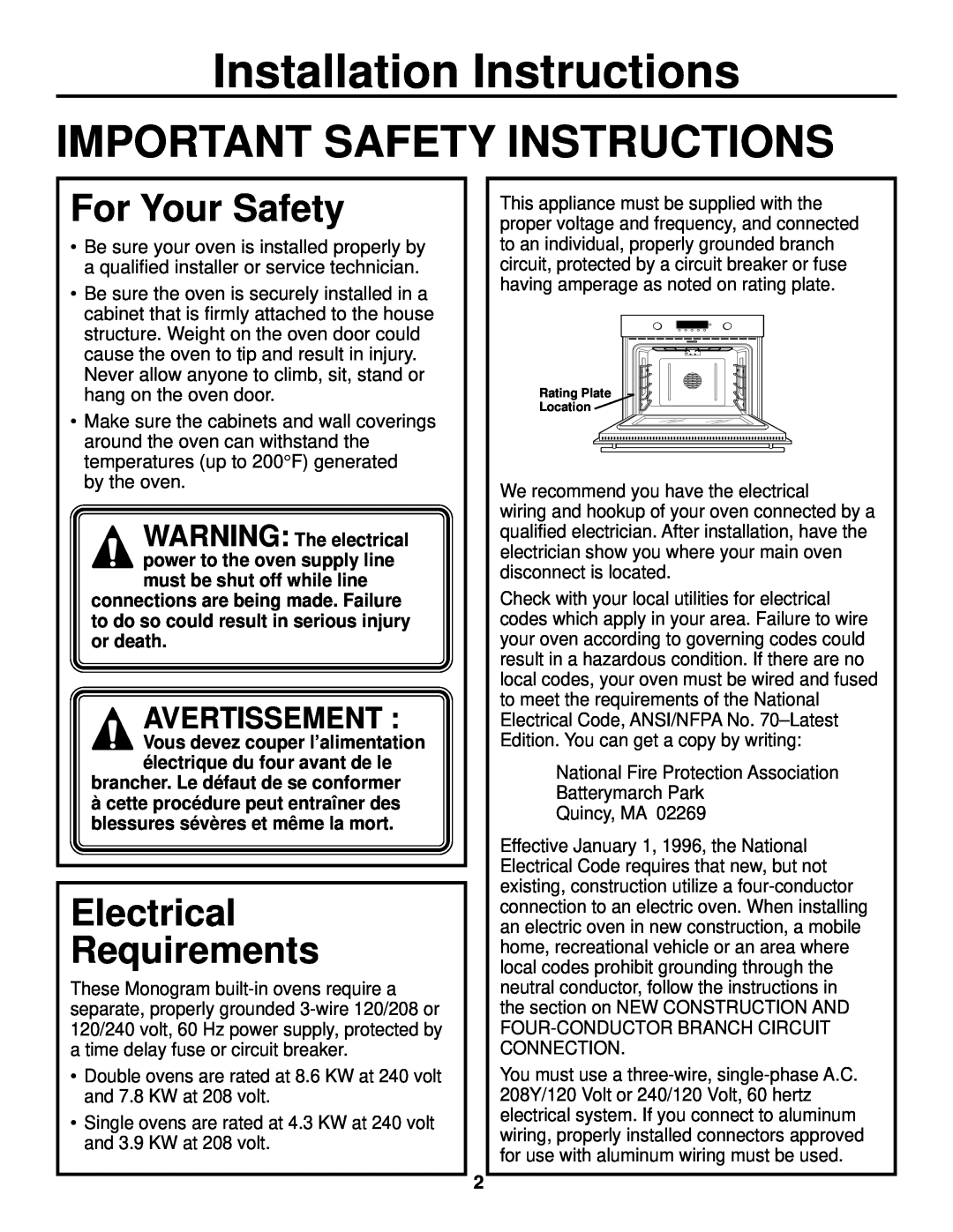 GE ZET2 Installation Instructions, Important Safety Instructions, For Your Safety, Electrical Requirements, Avertissement 