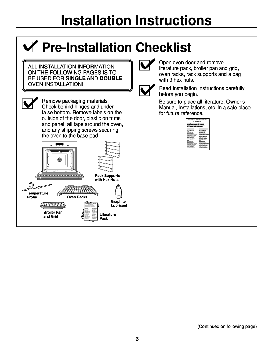 GE ZET1, ZET2 installation instructions Pre-Installation Checklist, Installation Instructions 