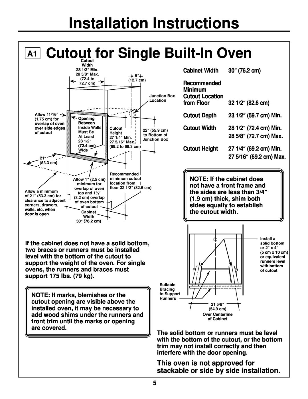 GE ZET1, ZET2 installation instructions A1 Cutout for Single Built-In Oven, Installation Instructions 