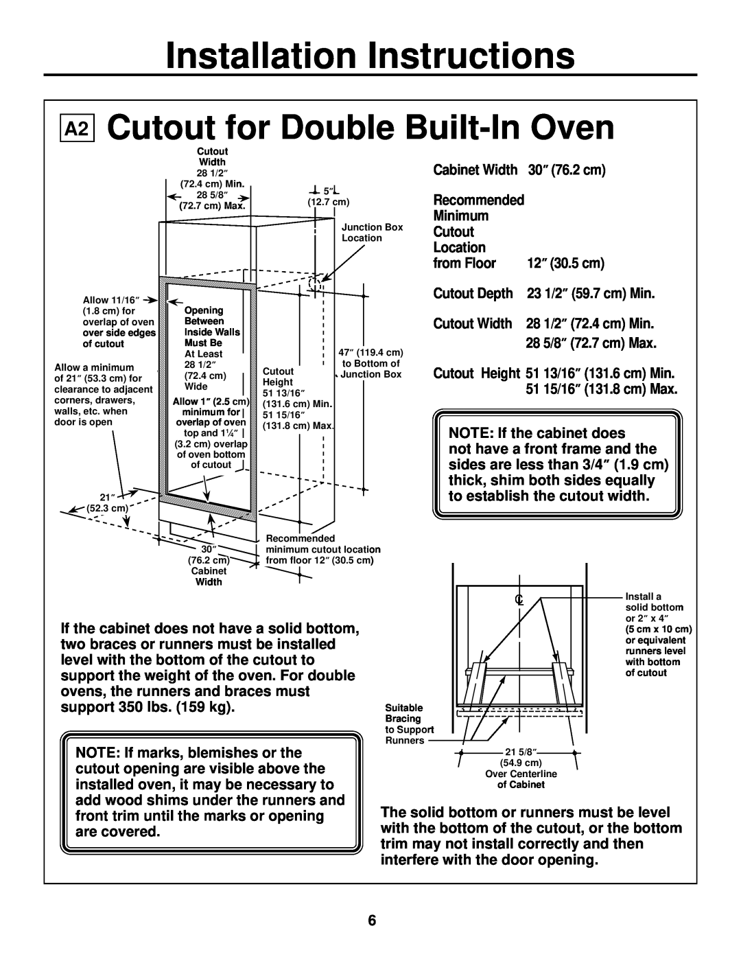 GE ZET2, ZET1 installation instructions Cutout for Double Built-In Oven, Installation Instructions 