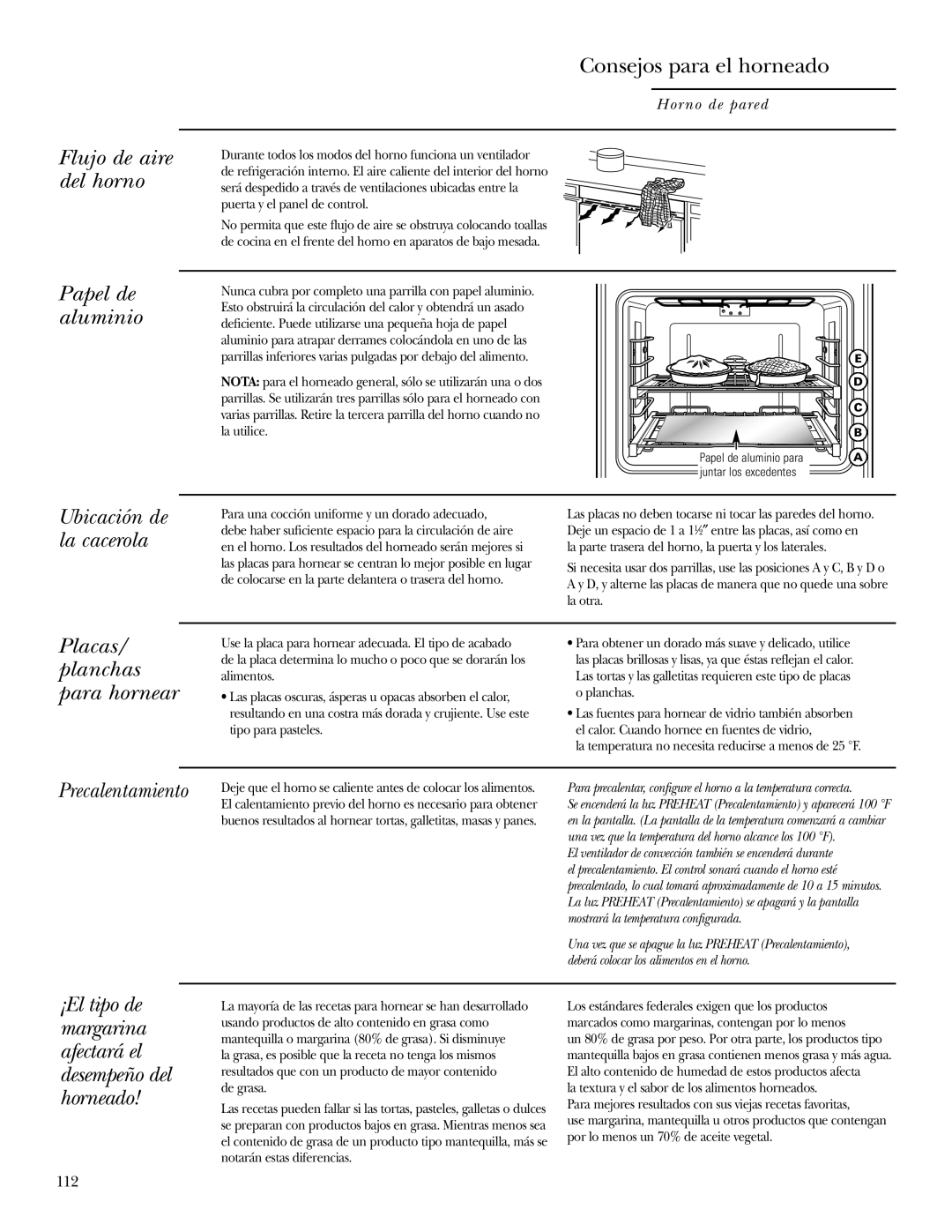 GE ZET2R, ZET1R owner manual Flujo de aire del horno, Consejos para el horneado, Papel de aluminio, Precalentamiento, 112 