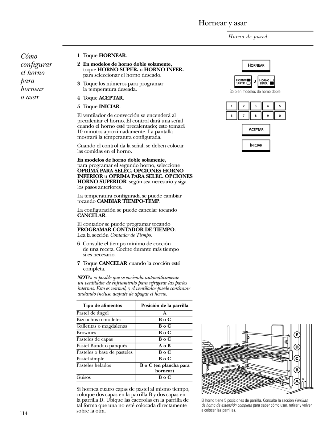 GE ZET2R, ZET1R owner manual Cómo, Hornear y asar, Configurar el horno para hornear o asar, Cancelar 