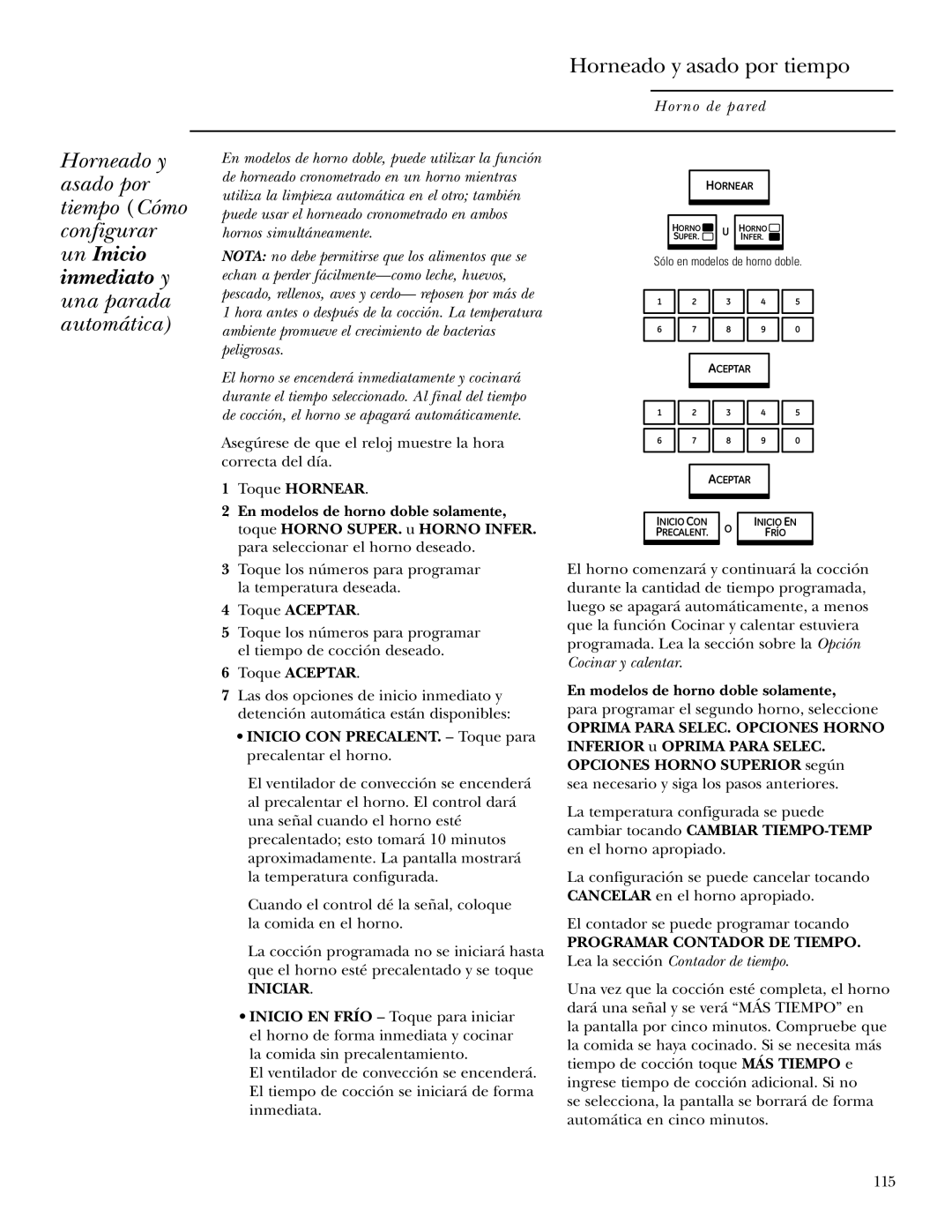 GE ZET1R, ZET2R owner manual Horneado y asado por tiempo, Inicio CON PRECALENT. Toque para precalentar el horno, Iniciar 