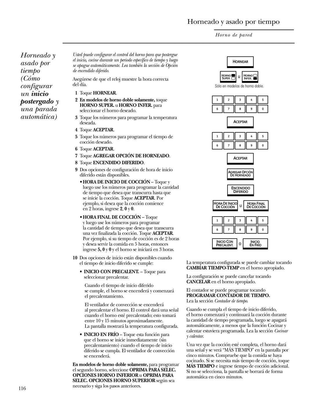 GE ZET2R, ZET1R owner manual Horneado y asado por tiempo Cómo configurar un inicio, Postergado y una parada automática 