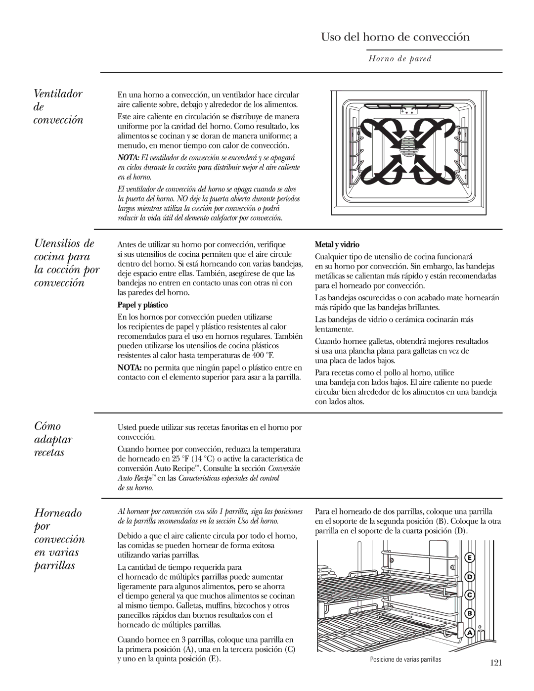 GE ZET1R, ZET2R owner manual Uso del horno de convección, Cómo adaptar recetas, Papel y plástico, Metal y vidrio, 121 