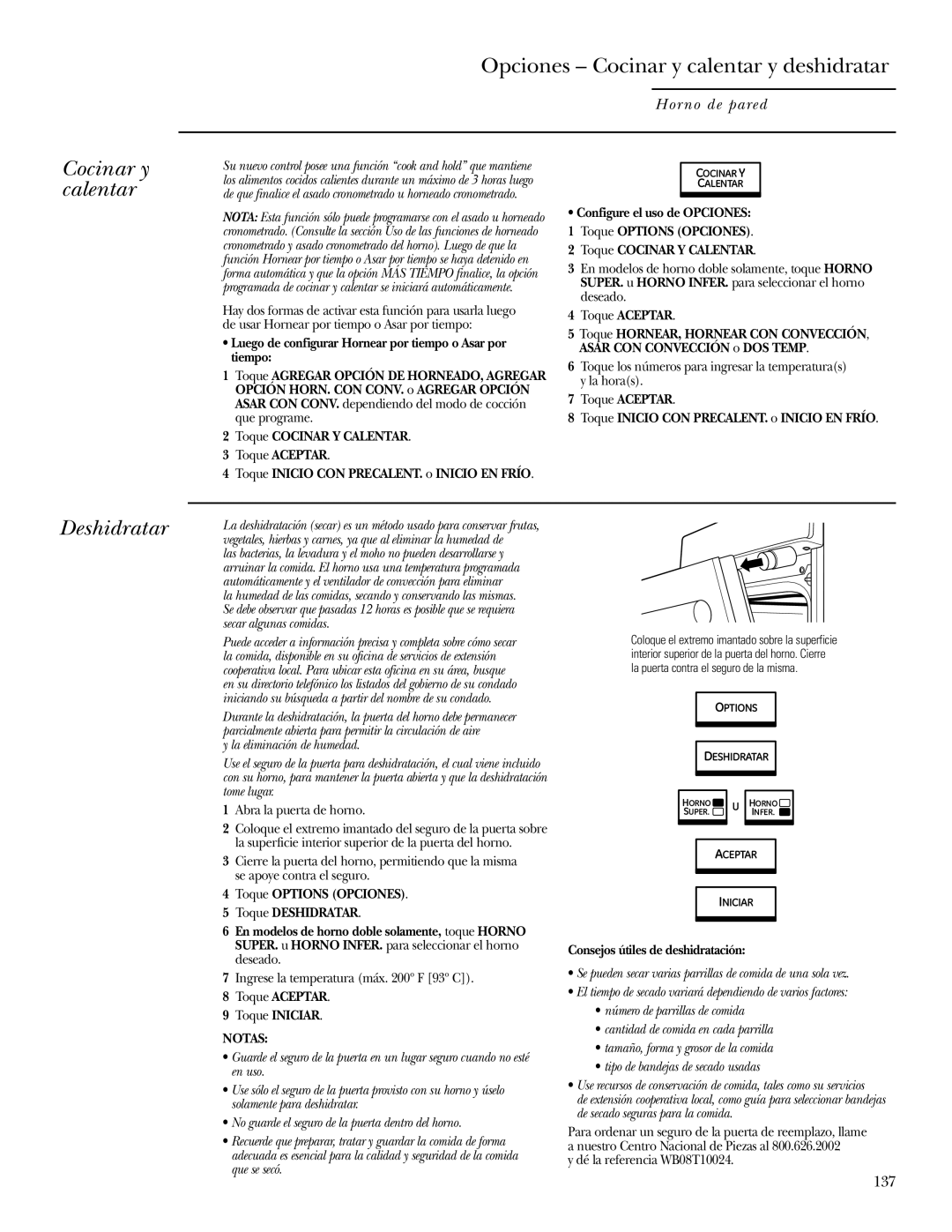 GE ZET1R, ZET2R owner manual Opciones Cocinar y calentar y deshidratar, Deshidratar, 137 